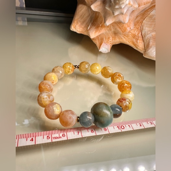 YELLO FIRE AGATE + AMAZONITE + LEMURIAN NATURAL STONES BRACELET size 7” - Picture 8 of 12